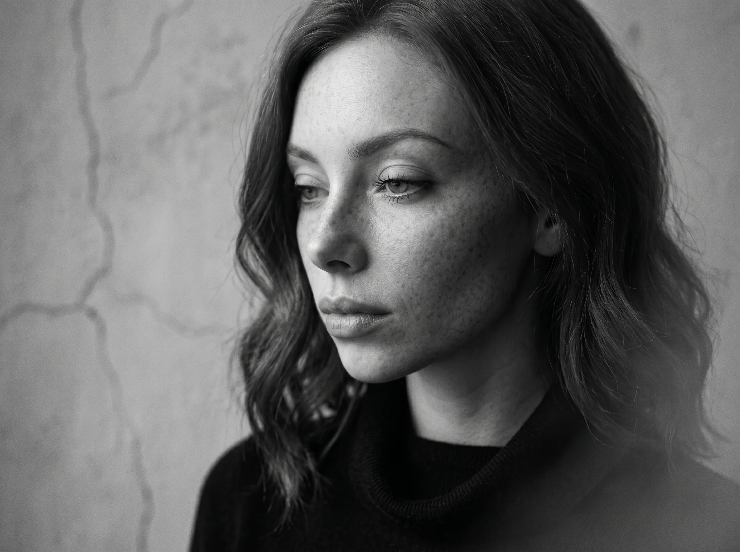 Intimate close-up portrait highlighting subtle facial textures and natural freckles in soft studio lighting.