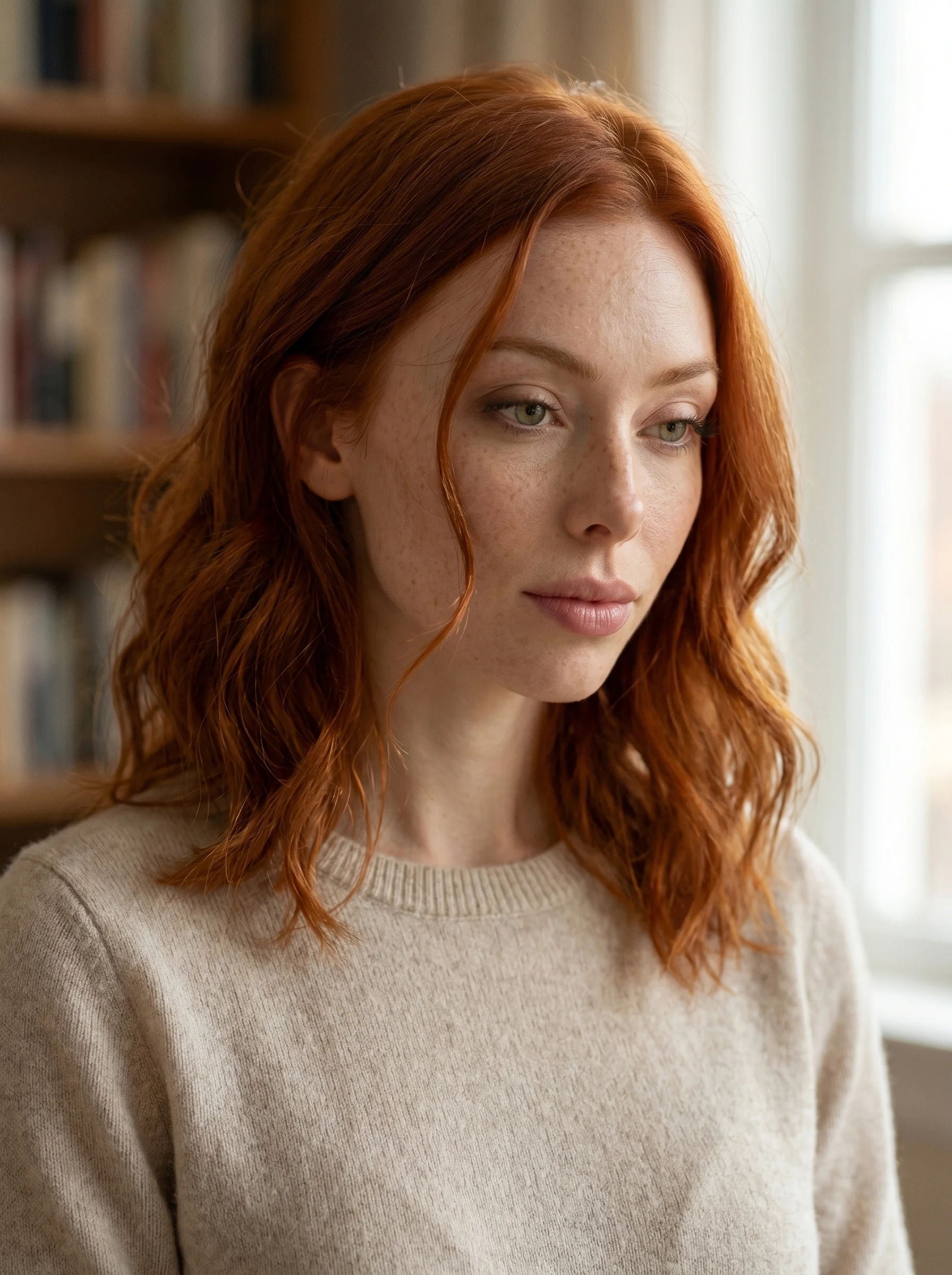Intimate close-up portrait highlighting subtle facial textures and natural freckles in soft studio lighting.